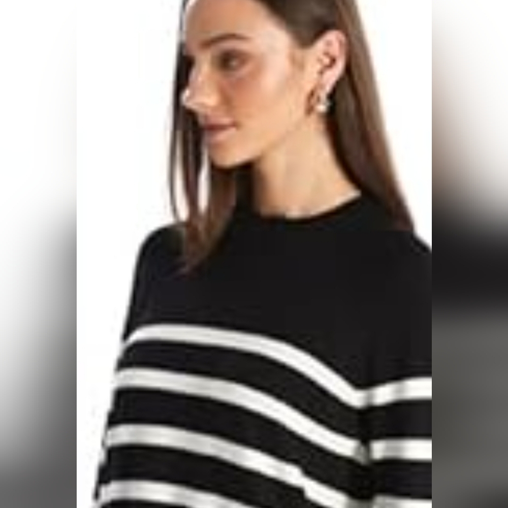 Free People Black and White Striped Crew Neck Sweater